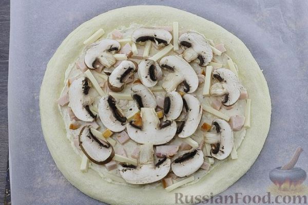 Пицца с грибами, копчёной куриной грудкой и белым соусом